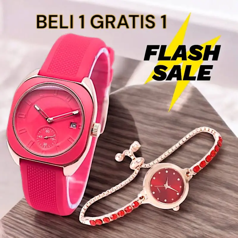 PROMO BELI 1 GRATIS 1 Jam Tangan Wanita Segi Terbaru Tali Rubber Free Jam Gelang Serut Analog Watches 5