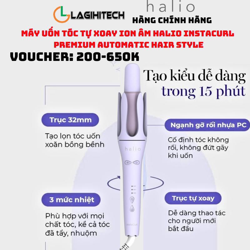 Máy Uốn Tóc Tự Xoay Ion Âm Halio InstaCurl Premium Automatic Hair Styler - Hàng Chính Hãng Bảo Hành 12 Tháng Nữ Women