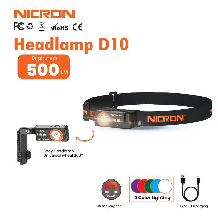 Gambar Nicron Mini Headlamp D10 Senter Kepala 500 lumen - Jaraka Cahaya 72 meter - 5 warna cahaya - Outdoor Camping - Maintenance Charger Usb dari Nicron Official Store Kota Administrasi Jakarta Barat Tokopedia