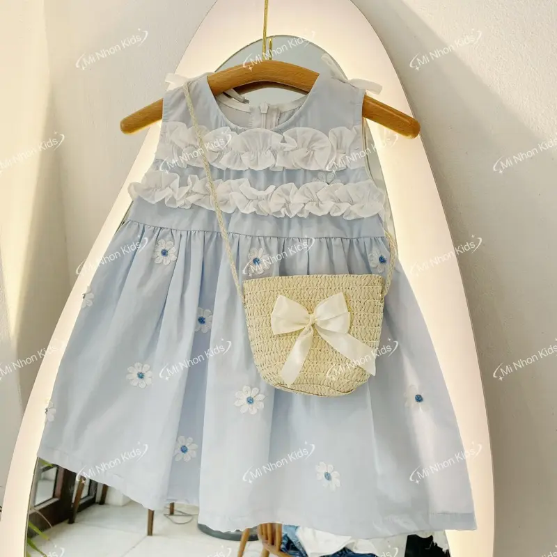 {Mi Nhon Kids) - (Tặng túi cói) Váy sát nách cho bé gái chất liệu thêu hoa cực kỳ đáng yêu