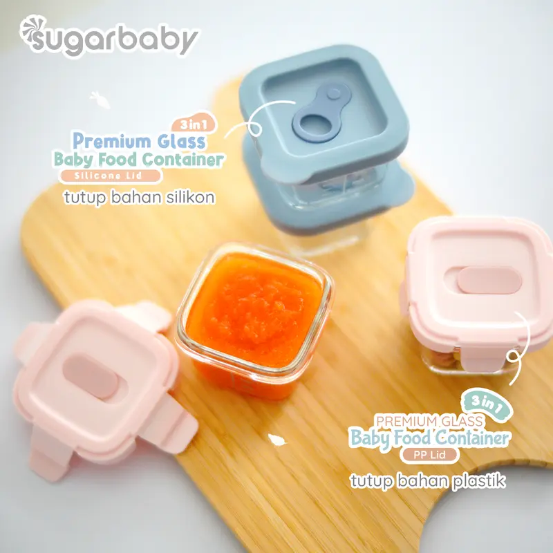 Sugar Baby Premium Glass Jar Baby Food Container 3 pcs BPA FREE / Peralatan Makan Bayi MPASI / Wadah Mangkok Bayi Silicone Lid & Plastic Lid 1