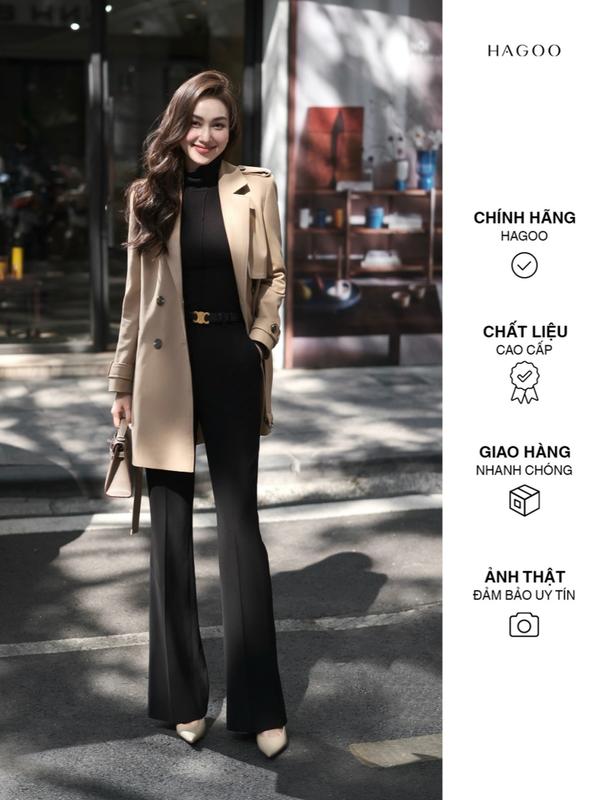 HAGOO Áo khoác nữ mangto dáng lửng màu nâu be có kèm đai thanh lịch Nhung Jacket Nữ Women Top Kem