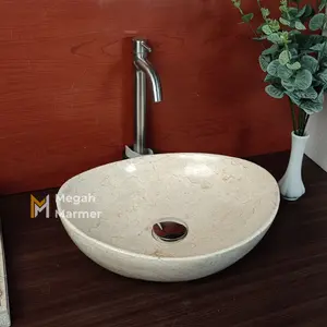 Megah Marmer | Wastafel Marmer Cream Bentuk Oval Ukuran 40cm Desain Exclusive + Free Packing Kayu