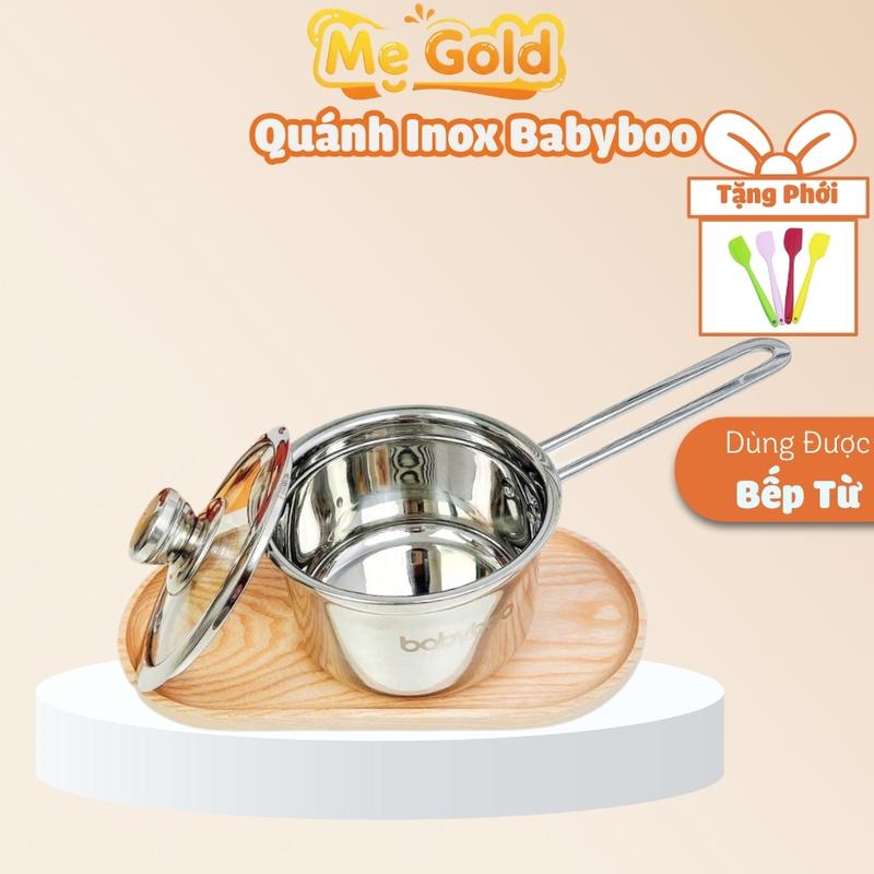 (Tặng Kèm Phới) Nồi quánh nấu cháo ăn dặm cho bé Babyboo size 14cm đáy 3 lớp tay cầm cảm biến nhiệt chống nóng, Quánh nấu bột babyboo cho bé ăn dặm dùng được bếp từ Kem