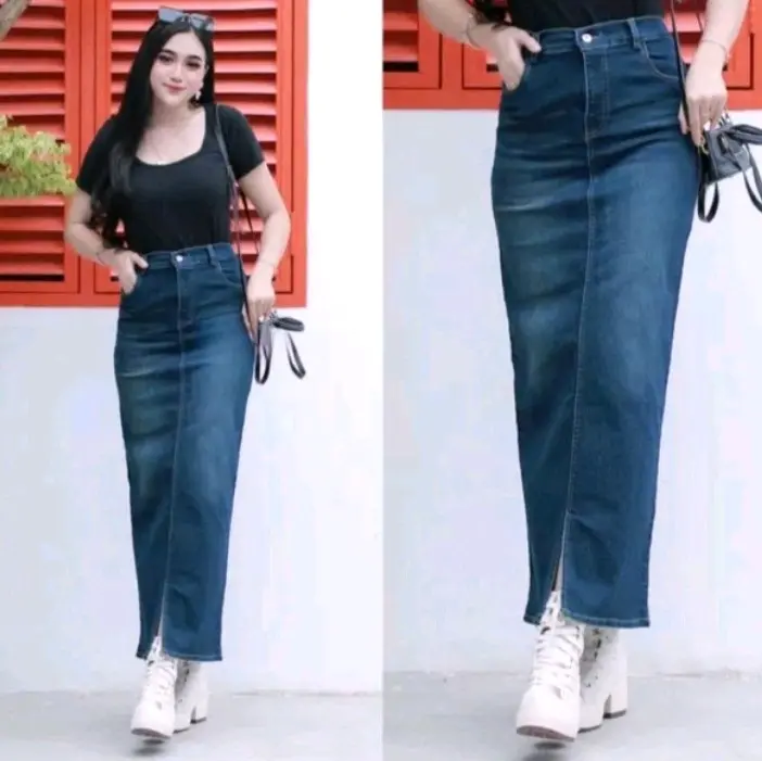 Rok Span Jeans Panjang Wanita Cessa Belahan Depan Karet Kancing Standar Samping Kotak