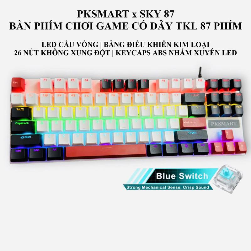 Bàn Phím Cơ Chơi Game Có Dây 87 Nút - PKSMART x SKY - Keycaps ABB Nhán Xuyên Led - LED Cầu Vồng Nhiều Hiêun Ứng