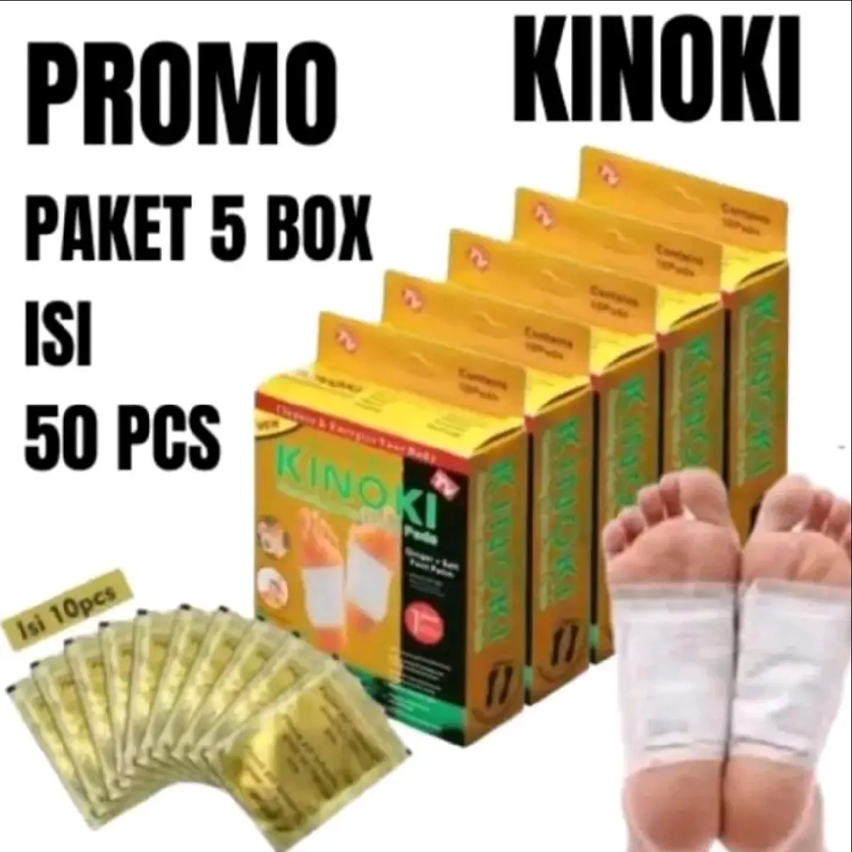 Paket 5 Box isi 50pcs Kinoki Gold Detox Foot Pads Koyo Penyerap Bahan Kimia Racun Dalam Tubuh Detox Secara Alami Hidrasi Pemutihan Patch Ginger Vitamin Hand Kaki