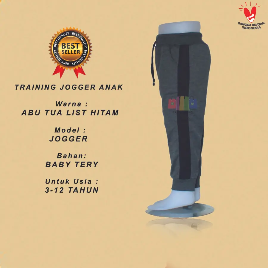 Jogger Training Anak Laki Laki Perempuan Usia 3-12 Tahun  Abu Tua List Hitam Outdoor