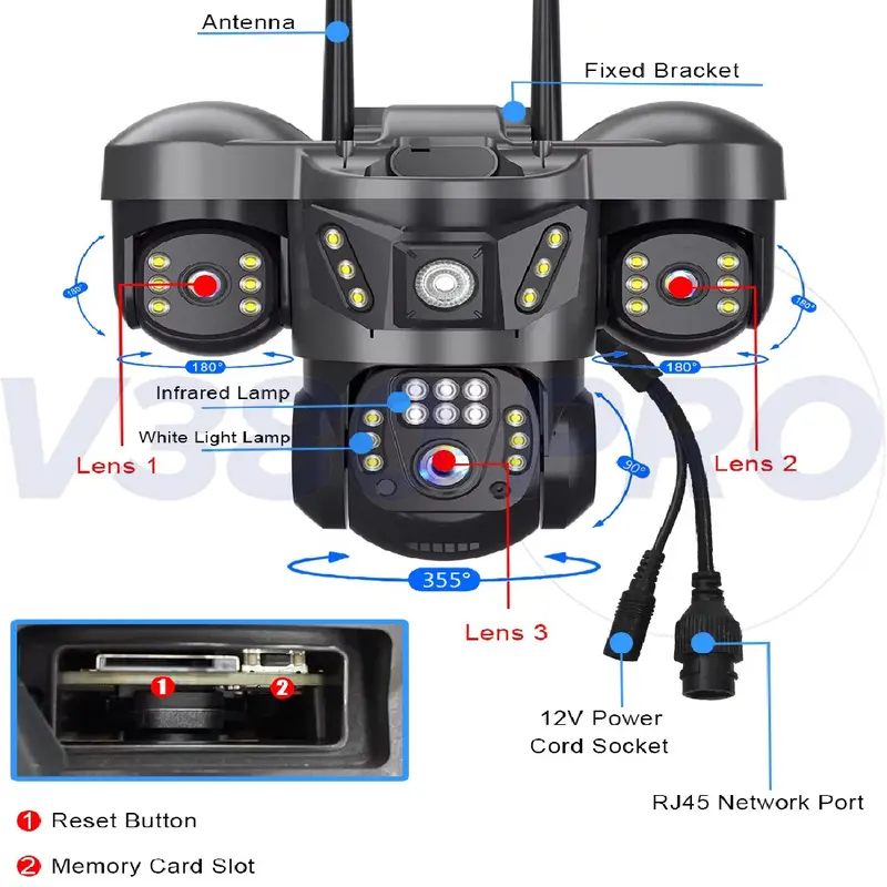 V380 Pro Kamera CCTV 3 Lens 10X Zoom Outdoor IP65 Waterproof Dorongan Informasi Alarm Cerdas 8