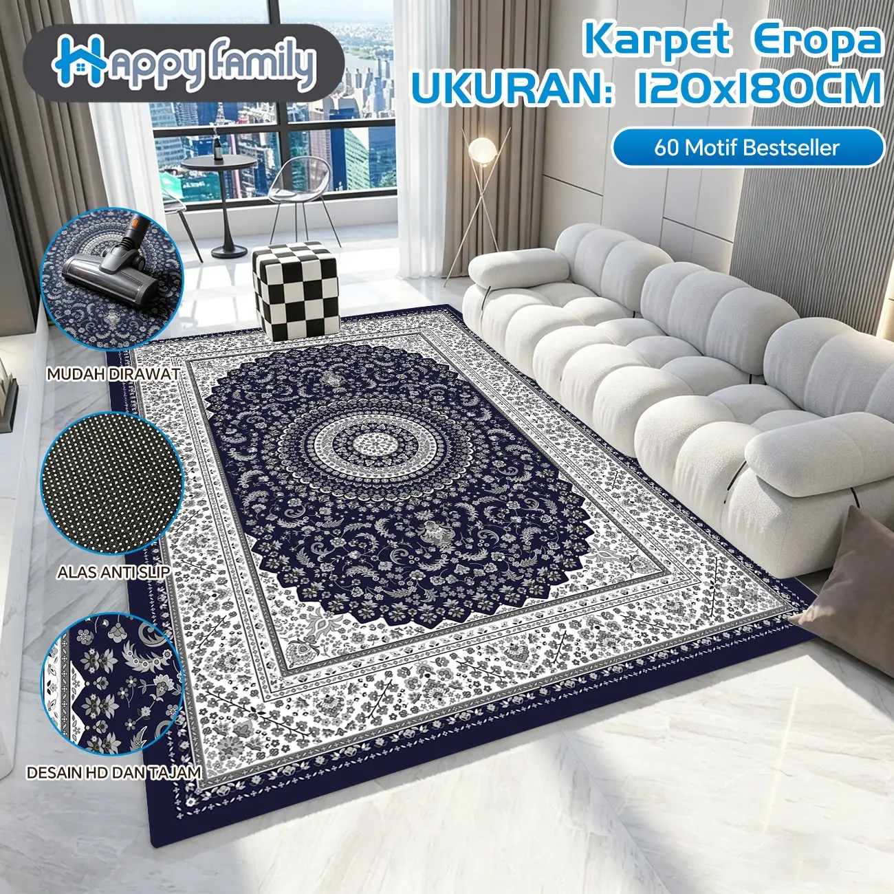 (HF) Karpet Lembut Eropa Polyester UK 120x180CM Anti Slip / Motif Estetik dan Modern