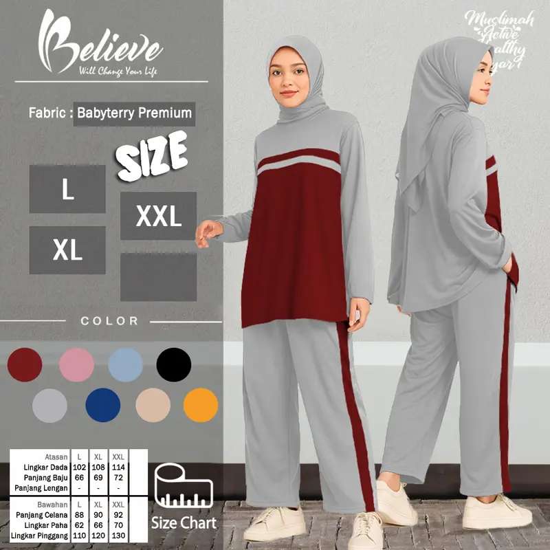 HANNA SET Setelan Kaos Celana Olahraga Muslimah Training Senam Wanita Lengan Panjang Jumbo L XL XXL / SAKA baju celana muslim panjang sport sporty polos 1