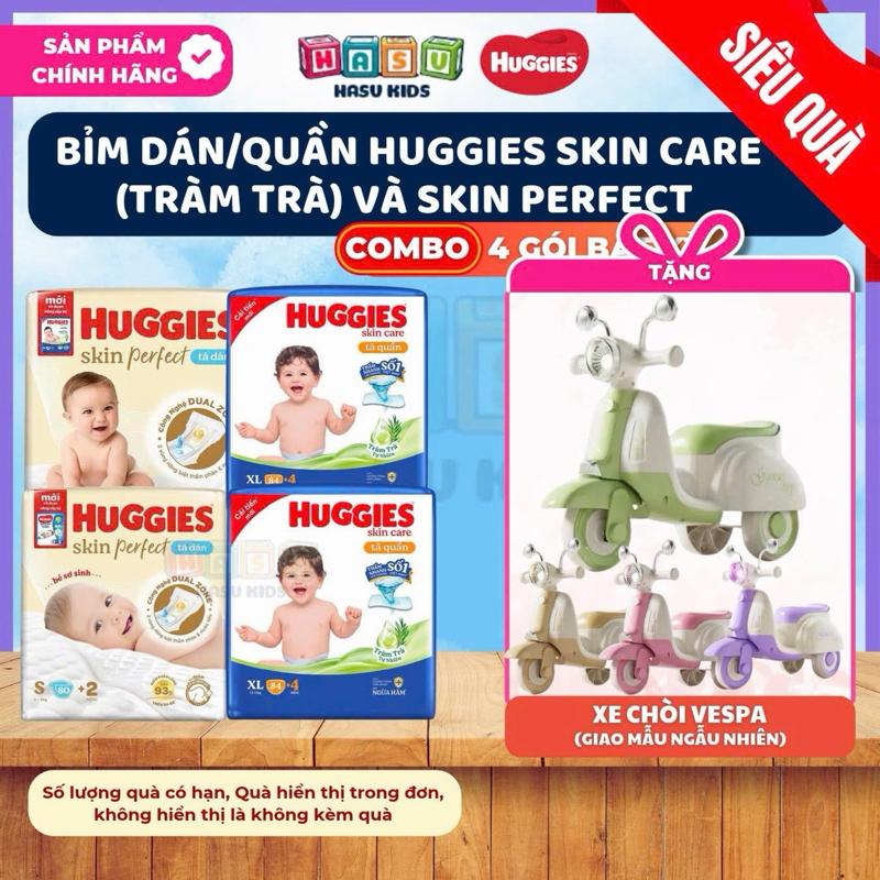 [TẶNG XE CHÒI CHÂN] COMBO 4G Tã/ Bỉm dán/ Quần Huggies Skin Perfect/ Skincare Tràm trà Size NB/S/M/L/XL/XXL