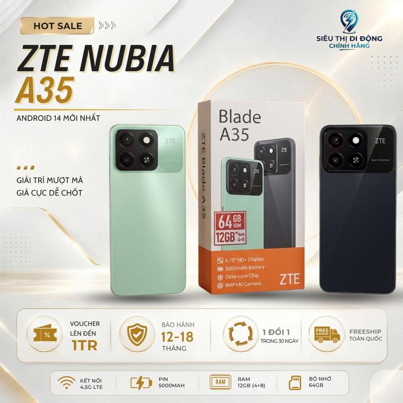 A35 [ MỚI NEW SEAL CHÍNH HÃNG ] ZTE Blade A35 màn rộng giải trí cực đã, chip 8 nhân mượt mà, pin trâu 5000mAh, điện thoại chính hãng nguyên seal full box, RAM 12 (4+8), 64GB