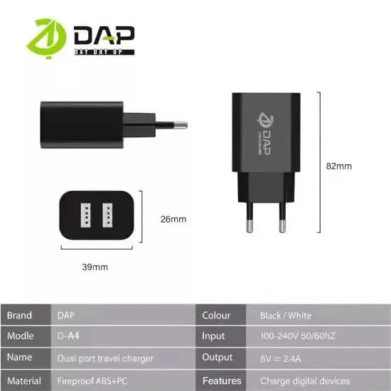 DAP Fast Charging 2 Port USB Charger 2.4 A Garansi D-A4N 1PCS Kabel 6