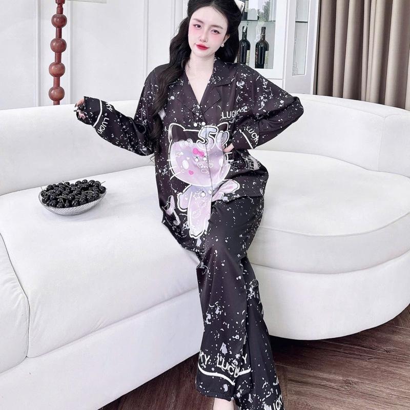Đồ Bộ pijama lụa latin in hoạ tiết kitty màu đen sang trọng trẻ trung tay ngắn , tay dài , có bigsize 90kg