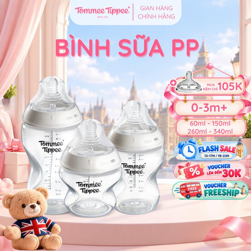 Bình Sữa PP Ty Siêu Mềm Tự Nhiên Tommee Tippee 150ml, 260ml, 340ml, Set Đôi, Nhiều Size, Được Mua Kèm Thêm 01 Núm Ty - Giúp Bé Bú Dễ Dàng Và Thoải Mái