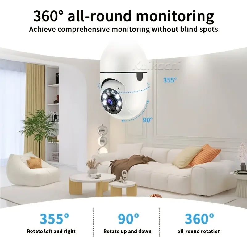 Kamera CCTV Lampu 360 Derajat hlam 4K PTZ WiFi Smart Camera, N ht Vision ,Motion Detection, 2- y Audio - CCTV