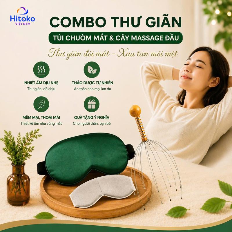 Túi chườm mắt thảo dược Hitoko-HM1 tặng Cây massage đầu dưỡng sinh - Mặt nạ mắt chườm nóng 5 mức nhiệt, giảm quầng thâm mắt, Bịt mắt ngủ lụa thoáng khí cho nam và nữ