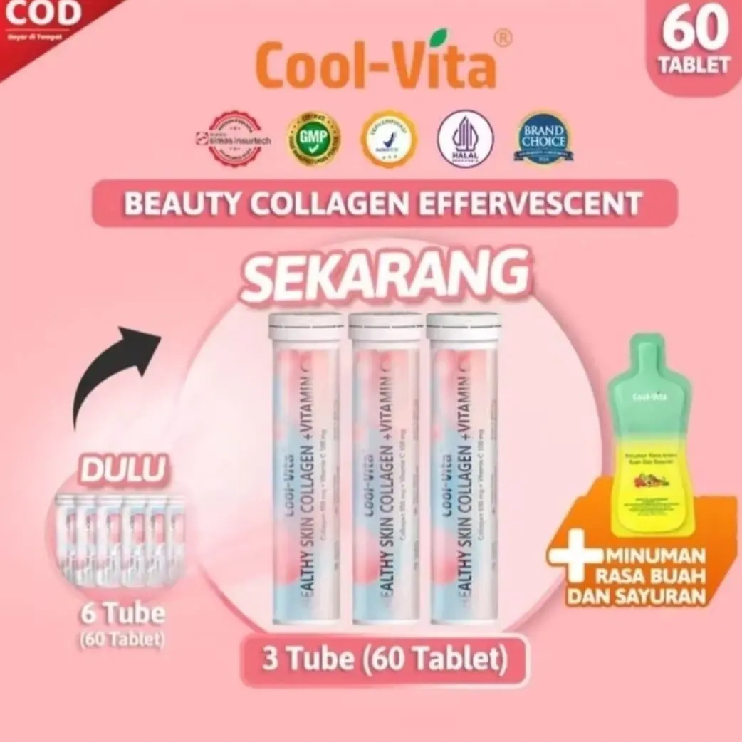 Coolvita beauty collagen paket cerah bersinar 60 tablet (3tube) + 1  minuman rasa buah dan sayur ( Ready Stock Jamin Ori 100%)