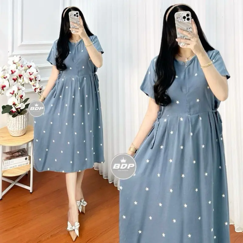 Daster Chibi Rayon Premium Gread A Motif Polkadot Bintang Tali Samping Ld 110 Dress Wanita Harian Santai Busui Resleting Baju Tidur Wanita Bumil Lengan Pendek Nyaman Batik Motif Terbaru Serut Panjang Kancing Kain 3