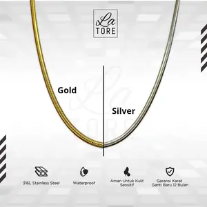 LA TORE - Kalung Titanium Pria Wanita Anti karat Gepeng Lebar Silver Gold - Flat Kalung Titanium Elegan Stainless