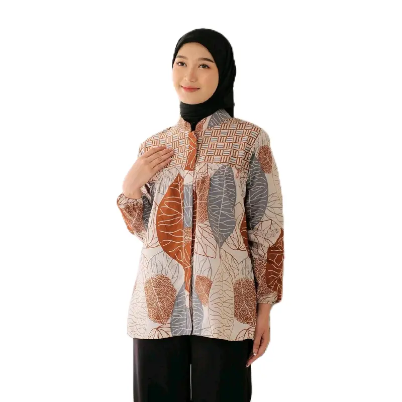 Atasan Blouse Batik Kerja Kuliah Motif Daun Katun Rempel Lengan Panjang Nyaman Baju Batik Wanita Terbaru Kekinian Cantik Formal Santai Pendek 6