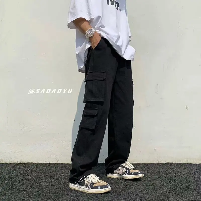 Pocket Cargo Pants For Men Solid Color Overalls Loose Straight Baggy Jogger Pants Plus Size Oversize Trouser Casual Clothing Plain Menswear