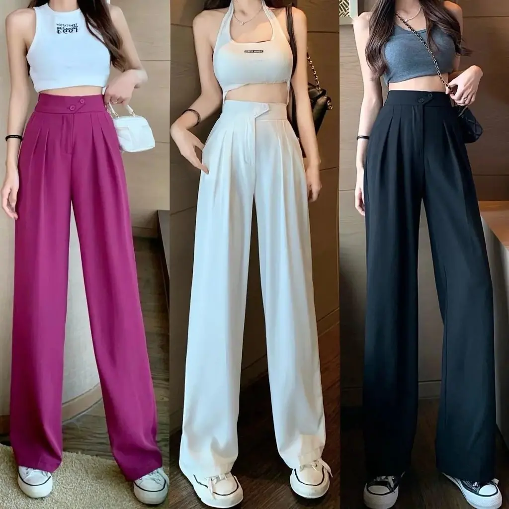 Women casual high waist loose straight suit long pants slimming wide-leg suit pants