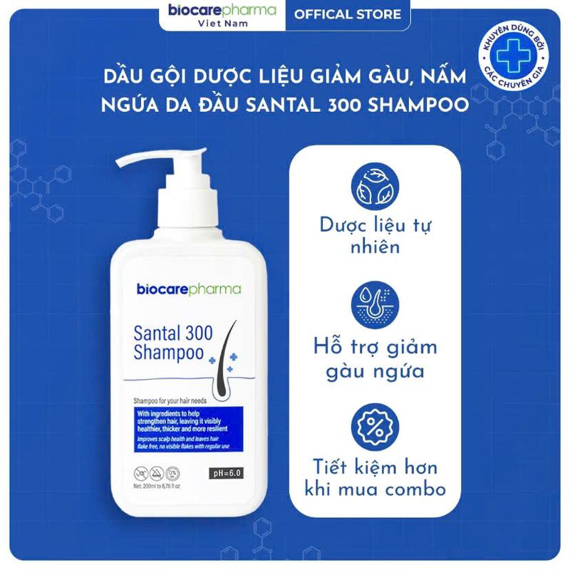 BiocarePharma Dầu Gội Santal 300 Shampoo Chai 200ml Hỗ Trợ Giảm Gàu Nấm Ngứa Da Đầu Chăm Sóc Tóc Dưỡng Tóc Nữ Women Giảm Rung pH 6.0
