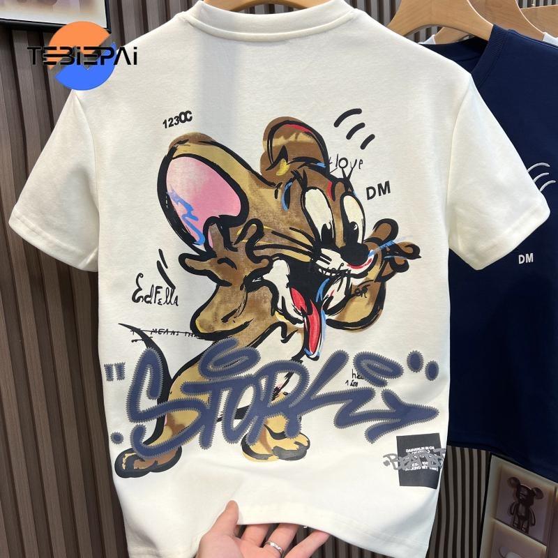 Product Introduction of Kemeja-T lengan pendek lelaki 2024 musim panas tampalan baharu bercetak T-shirt serba boleh longgar kartun kasual sulaman Jerry bercetak atas baju-T fesyen bergaya 17