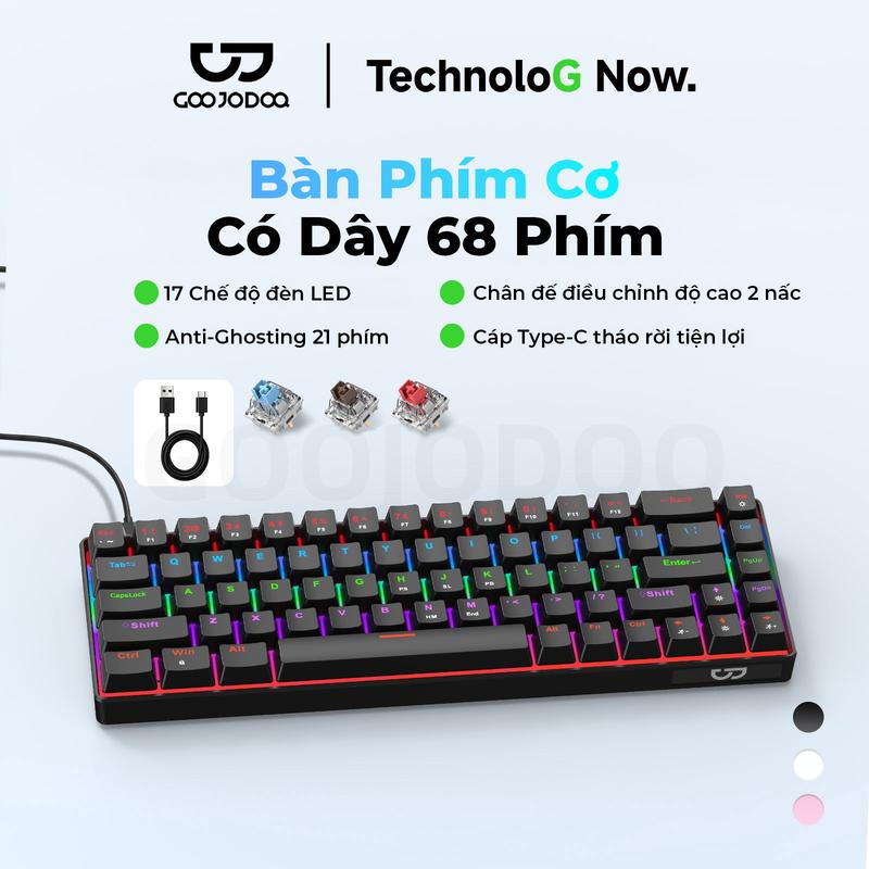 Bàn phím cơ có dây 68 phím ,Cáp Type-C tháo rời tiện lợi ,Anti-Ghosting 21 phím ,Chân đế điều chỉnh độ cao 2 nấc ,17 chế độ đèn LED RGB