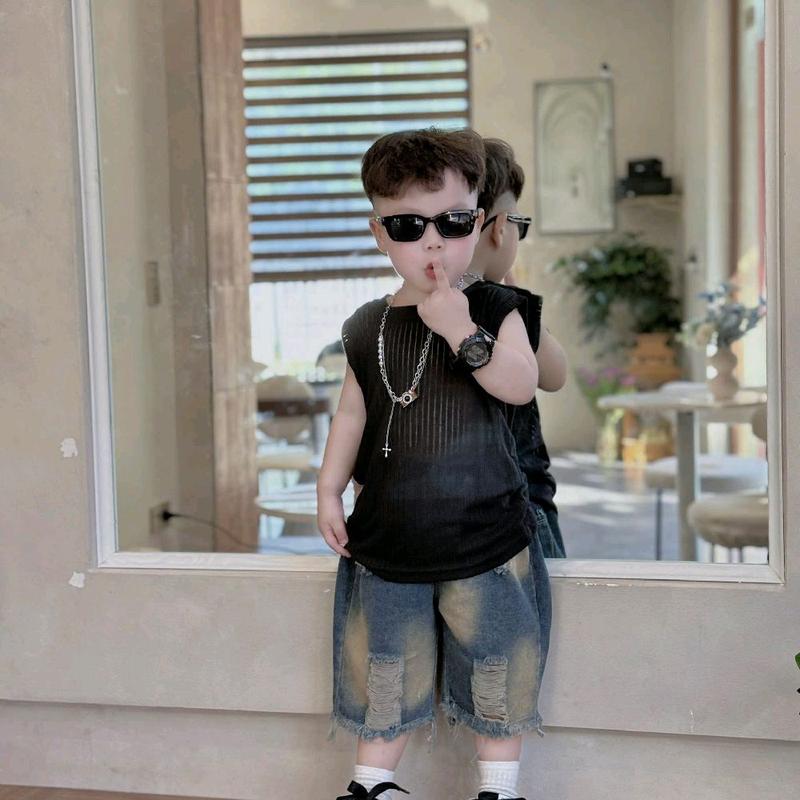 (tặng đồng hồ + vòng)sét bộ ngầu áo ba lỗ cotton tăm  quần jin của bé sai 8-27kg( cao duoi 1m25), bé nào cao tăng sai