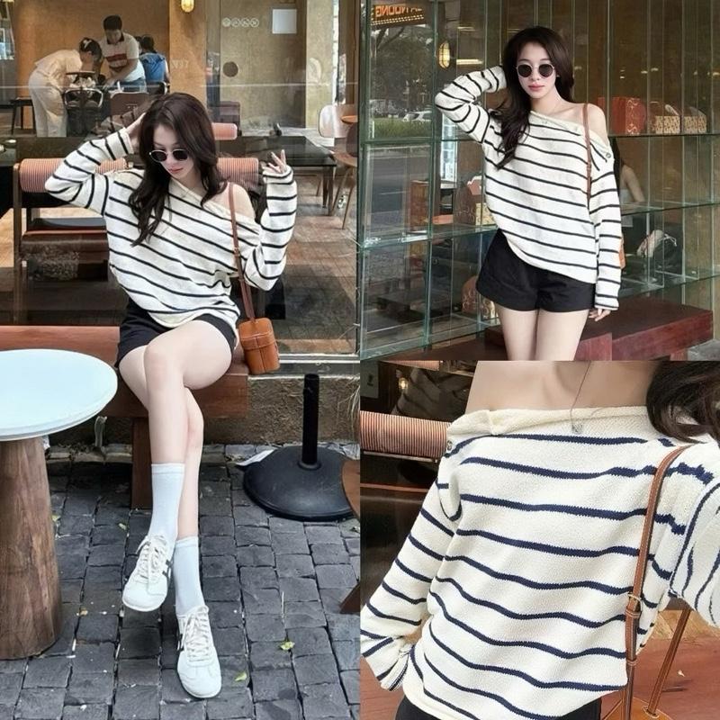Áo Len Kẻ Sọc Dáng Rộng Áo Sweater Dệt Kim Cài Khuy Trễ Vai Chất Len Mềm Mịn