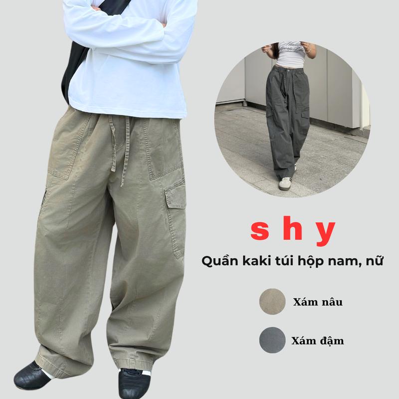 Quần Kaki Túi Hộp Nam Nữ Ống Suông Rộng Cạp Chun Vải Kaki Ô Ly Cao Cấp Unisex