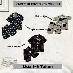 Paket Hemat 3 Pcs Piyama Rayon Anak Laki-laki dan Perempuan Usia 1-5 Tahun Motif Kartun dan Abstrak - Celana Lengan Tidur Kancing