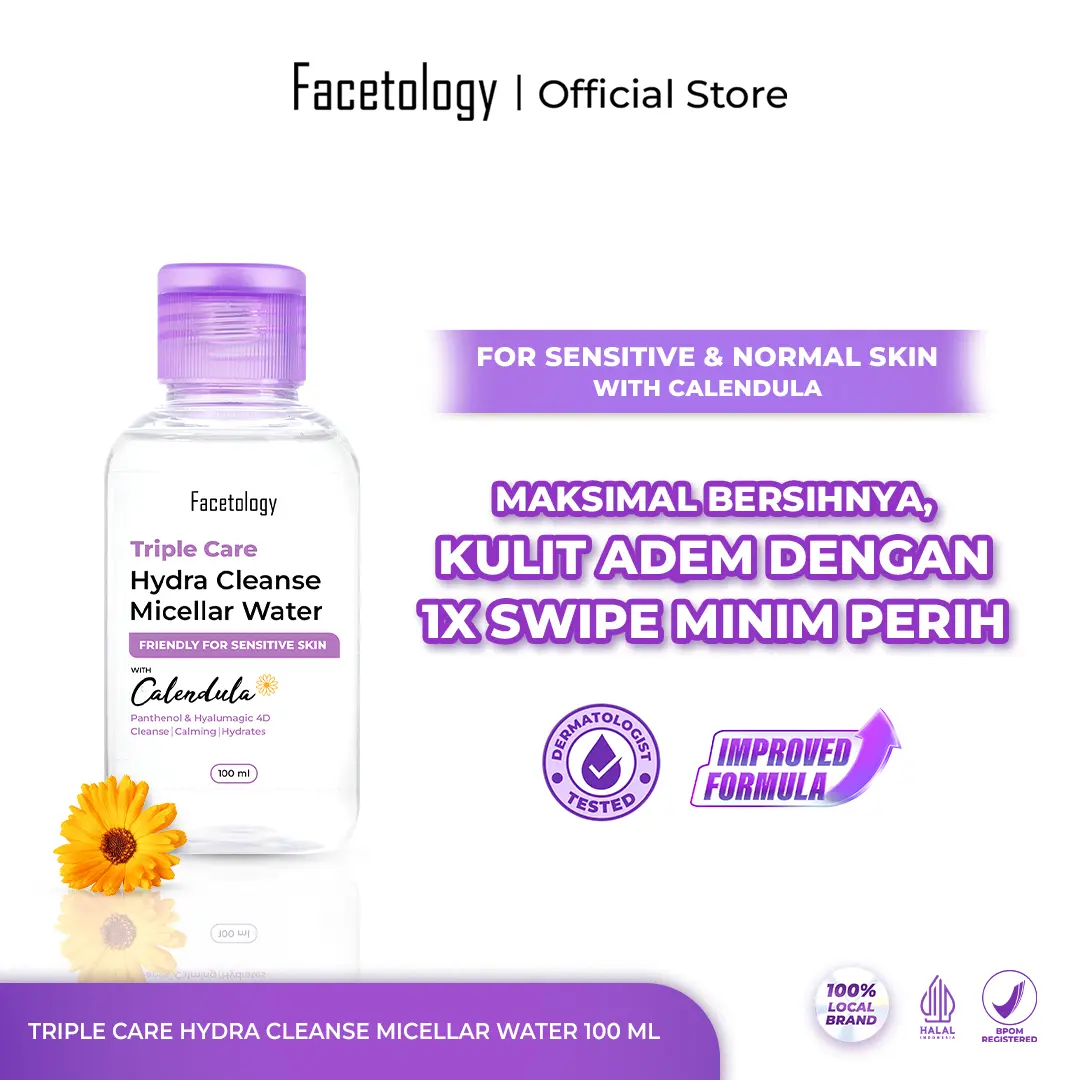 Facetology Triple Care Hydra Cleanse Micellar Water 100 ML Pembersih Wajah Sensitive Skin Cleanser & Remover Make Up Tanpa Bilas mengandung Panthenol Hyaluronic Acid