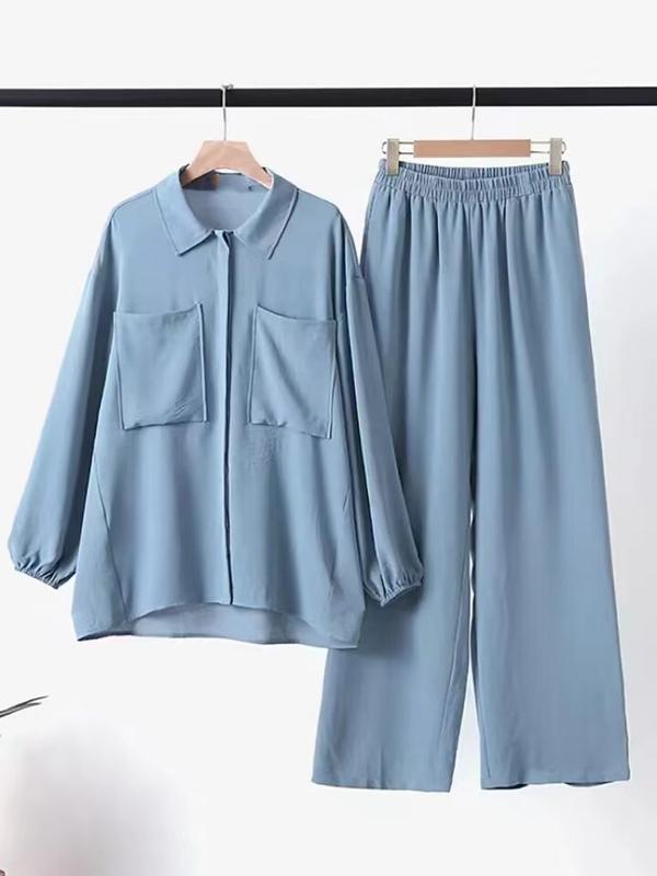 Product Introduction of High quality cross solid color blue Black Kachislin long sleeve pocket hidden door tube dyed buckle elastic waist long pants shirt set long shirt + pants 13