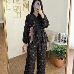 GUMOYO - One Set Kimono Lengan Panjang Motif Floral / Setelan Baju Tidur Pajamas Wanita Premium / Homewear Hijab Friendly