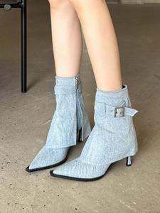 POPIONEER フレンチファッション  ハイヒールドショートブーツ スリムホットガールスリムブーツ ポインテッドキルティックパンツブーツ グレー ジップき