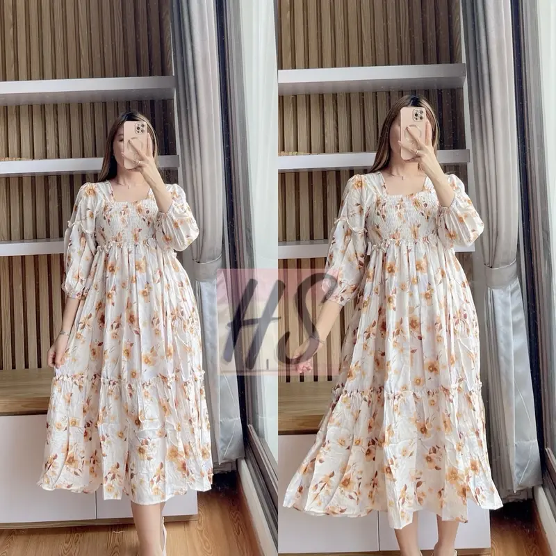MIDI DRESS BIGFLOW SMOK AT/rayon diamond premium Casual Lembut Wanita Panjang Etnik Nyaman Twill well 4