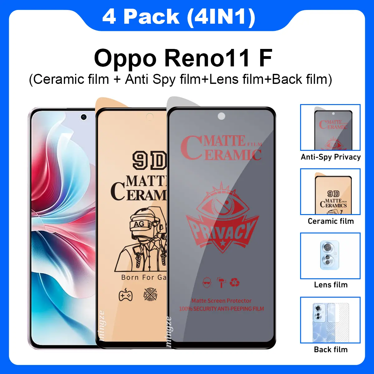 (4 in 1) screen protection Bundle for OPPO Reno11 F 5G Reno 11F Tempered glass Clear Privacy Matte ceramic Screen protector + lens film + back film