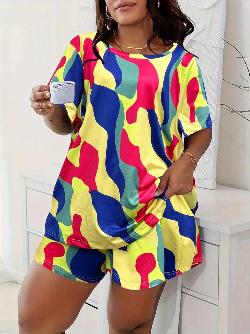 Product Introduction of Plus Size Graphic Print Summer Clothes Set, Casual Round Neck Short Sleeve Tee & Elastic Waist Shorts, Women's Two-piece Outfits, Co ord Set Summer 9
