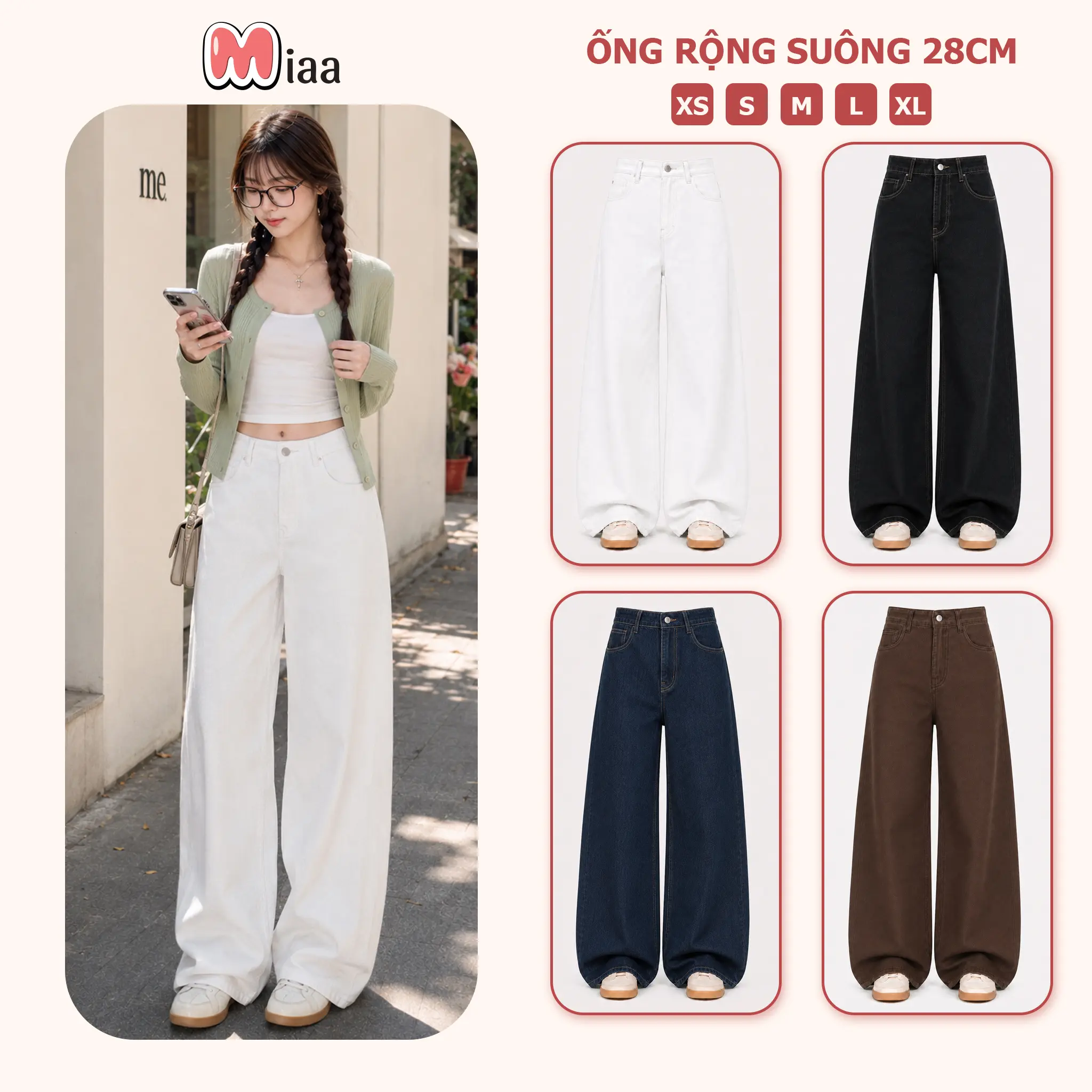 [MIAA] Quần Jean Trắng Nữ Cạp Cao Ống Suông Rộng 28cm - Chất Vải Jeans Cao Cấp - Màu Trắng, Kem, Nâu, Đen - Quần Bò Ống Rộng Nữ Màu Trắng - Mã J09