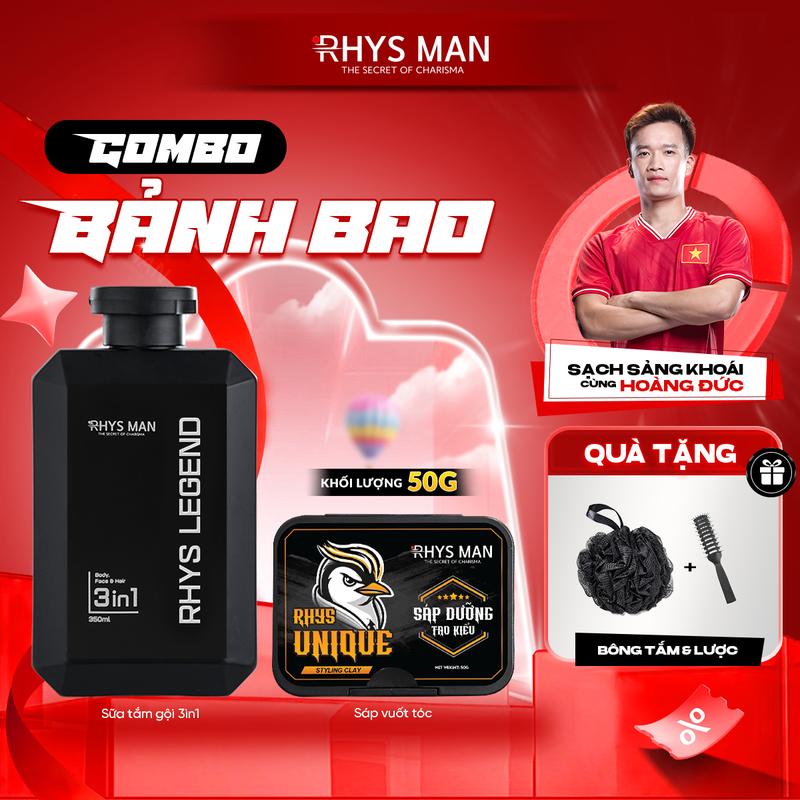 Combo Bảnh Bao RHYS MAN - Sữa tắm gội hương nước hoa cao cấp 350ml & Sáp vuốt tóc Rhys Unique giữ nếp tạo kiểu tự nhiên 80g | Tặng: 1 Bông tắm than tre & Lược tạo kiểu + 1 set Hộp & Túi