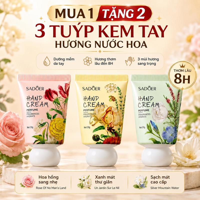 Kem Dưỡng Da Tay Hương Nước Hoa Cao Cấp Set 3 Tuýp 30g, Mua 1 Tặng 2, Dưỡng Ẩm Mềm Mịn, Thấm Nhanh Không Bết Rít|Mua thêm đủ đơn Freeship,D50