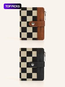 Cartera corta de mujer con patrón de cuadros a la moda, portatarjetas casual y versátil con ventana para identificación, cartera bifold corta y moderna para uso diario