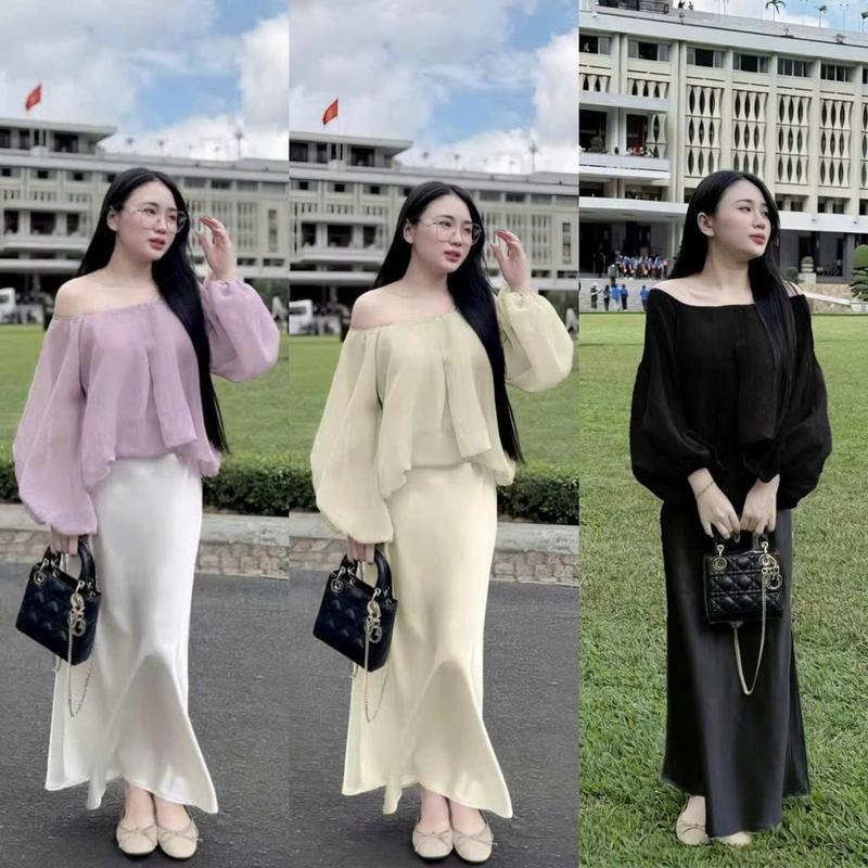 BIGSIZE HIẾU HIẾU (55-95KG) - Set thời trang nữ Áo trễ vai tay bồng + Chân váy lụa dáng dài S557