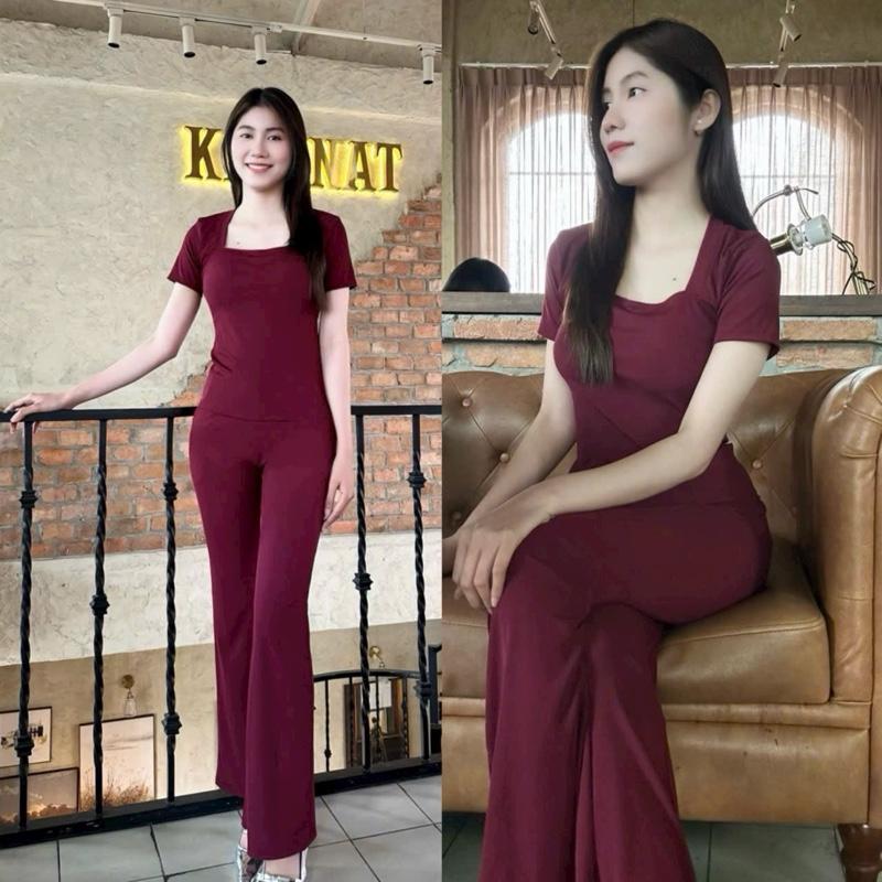 T302 Đồ bộ thun gân tăm lạnh cổ vuông tay ngắn quần ống loe size 40- 70kg mặc nhà hay đi chơi ddi tiệc sang trọng Top Women