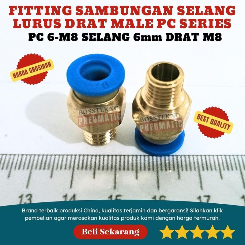 FITTING PC 06 M8 SAMBUNGAN LURUS NEPEL SELANG PU UKURAN PC 6mm DRAT M8 1