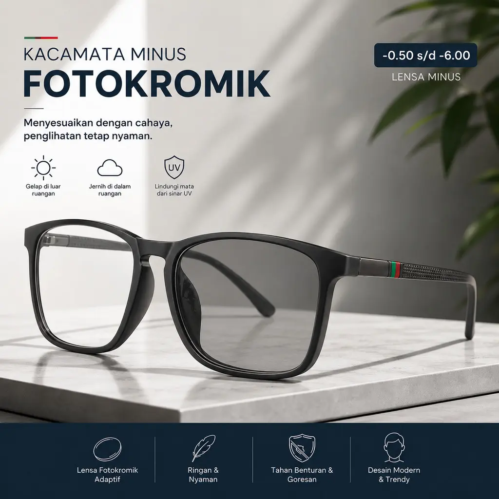 Kacamata Minus Fotokromik Pria dan Wanita -0.50 s/d -6.00 Fashion Korea Retro Anti Blue Light Anti Radiasi Kacamata Photochromic Minus 777 FM